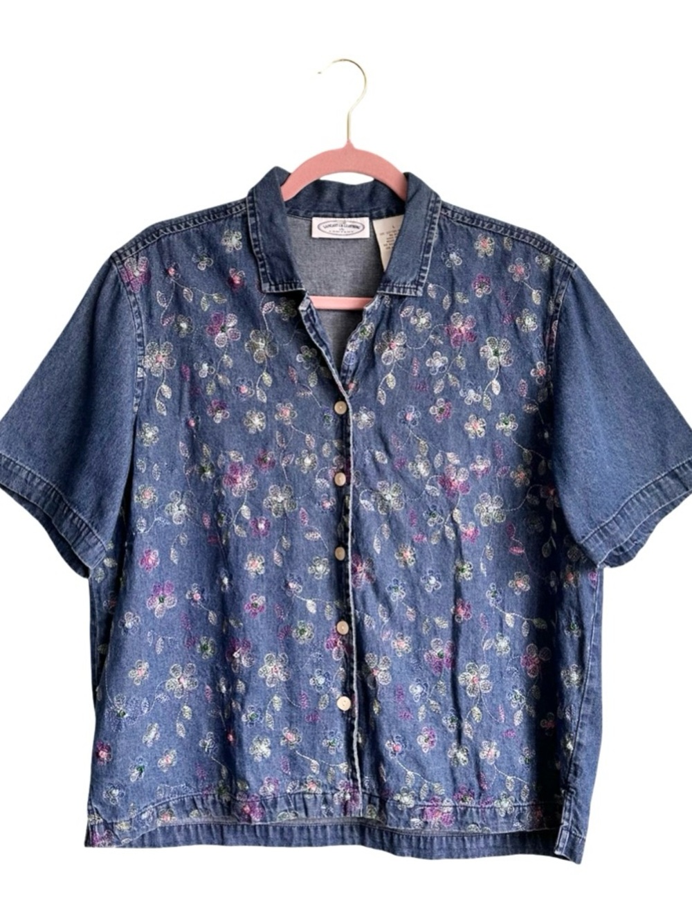 Vintage Lancaster Embroidered Floral Denim Button Up Cottagecore Shirt EUC Large